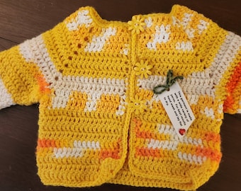 Golden Yellow and White Hand Crocheted Baby Sweater 6 to 9 Months Washable Sun Shaped Buttons