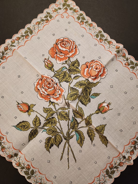 Orange Long Stem Rose Floral Hankie Extra Large S… - image 1