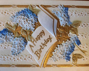 Happy Birthday Blue Forget Me Nots Flowers Postcard Used Embossed 1920s Printed In Germany
