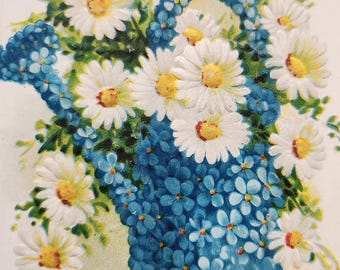 Daisy "Hearty Greetings" Sprinkling Can and Flowers Postcard Embossed Used
