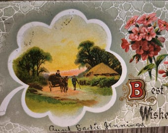 Best Wishes Antique Embossed Postcard Horse Drawn Carriage & Pink Flowers, 1900s Used