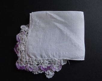 Ivory Hankie with Purple Hand Embroidered Edging Estate Sale 1950's Shabby Chic
