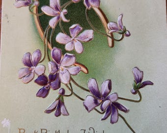 Vintage 1900s Birthday Postcard: Embossed Violets, Made in Germany Used