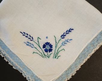 Hankie Hand Embroidered Floral Design Blue Flower Pattern and Lace Edging 12 Inches