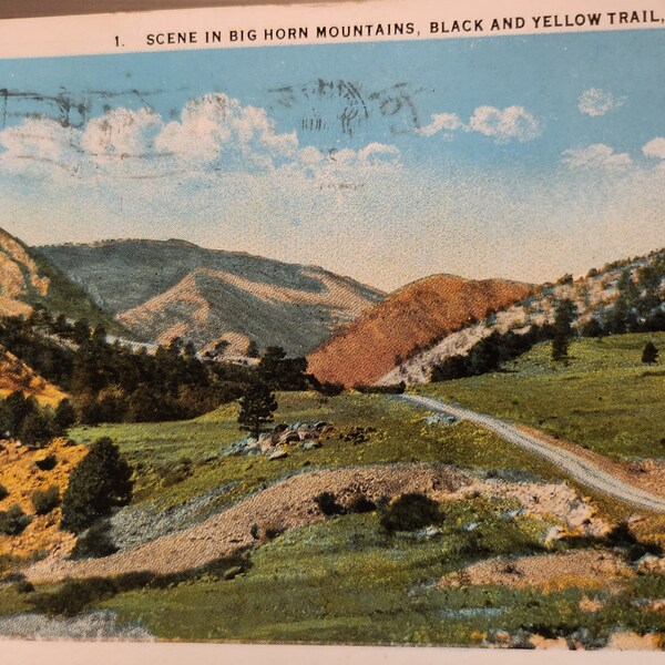 Scene in Big Horn Mountains Black and Yellow Trail Linen Postcard 1930's Postmark