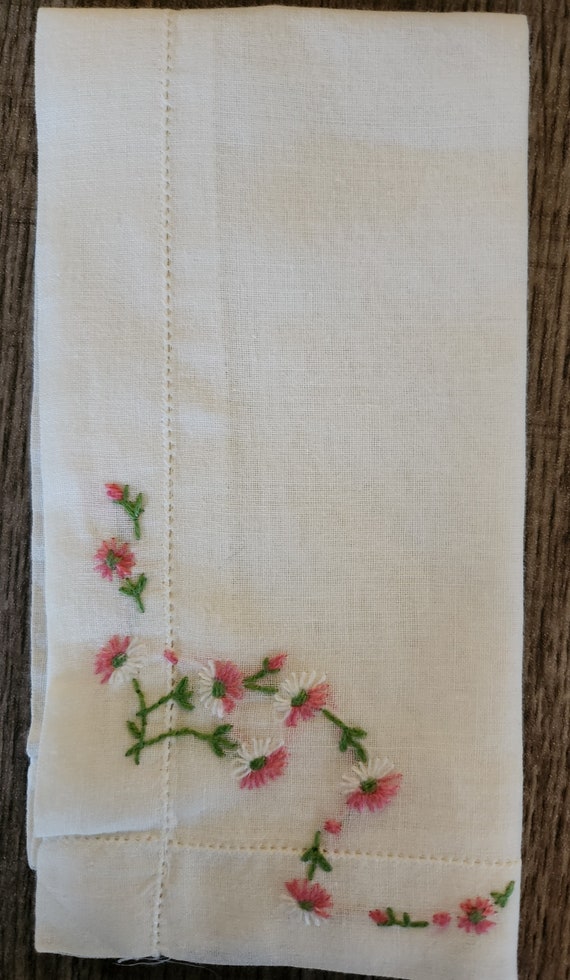 Hand Embroidered Hankie with Pretty Pink Flowers 1