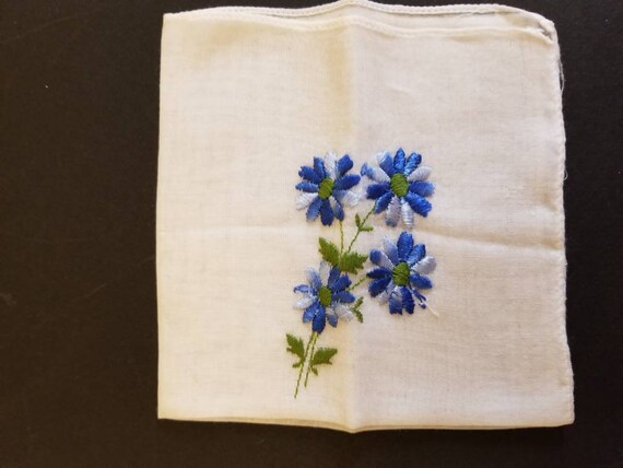 Machine Embroidered Blue Floral Hankie 1950s