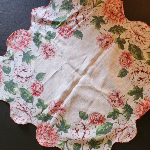 Pink Floral Colored Hankie Estate Sale Retro Style 1950's Scalloped Edge 16 Inches