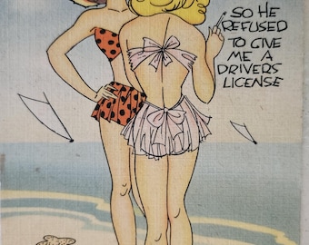 Comic Bathing Beauties Illustrated Linen Postcard Unused 1950s