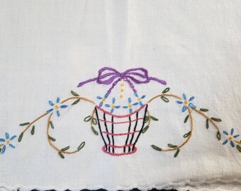 Hand Embroidered Purple Flower Basket Doilie 24 Inch
