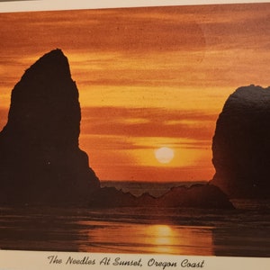 Oregon Coast Needles at Sunset Real Photo Postcard Used