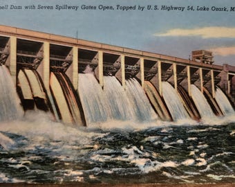 Bagnel Dam With Seven Spillway Gates Open Lake of the Ozarks, Missouri Linen Postcard Unused