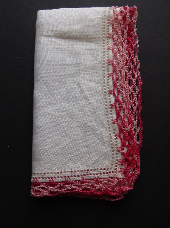 Ivory Hankie with Pretty Hot Pink Handmade Edging - image 1