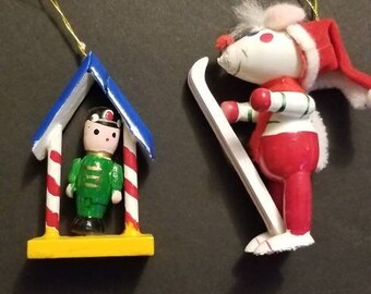 Pair of Wooden Hand Painted Christmas Ornaments Dog on Ski and Toy Soldier