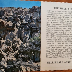 May include: Vintage postcard featuring a landscape of rock formations and a poem titled "The 'Hell' You Say!" by an unknown author. The postcard is from Hell's Half Acre, Wyoming.