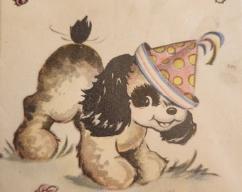 Birthday Party Invitation Puppy Dog Wearing Party Hat Used 1960s 4 by 3 Inch