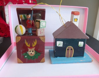 Vintage Wood Ornaments Jack in Box and House