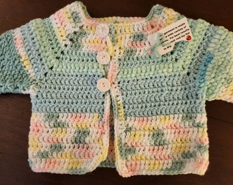 Baby Girls Hand Crocheted Sweater Aqua  Pink Yellow 6 to 9 Months Washable