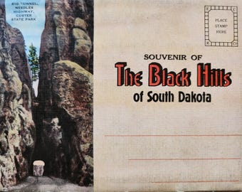 May include: Vintage postcard featuring a scenic view of the Big Tunnel on Needles Highway in Custer State Park. The image shows a tunnel carved through rock formations. The postcard also includes the text "Souvenir of The Black Hills of South Dakota."