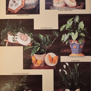 May include: A collection of decorative plant containers, each with a unique design. The containers include a Southwest box, Floral Array box, Butterfly box, Flower Blossom box, Bunny box, and Carousel Horse box. The containers are filled with plants and have lids.