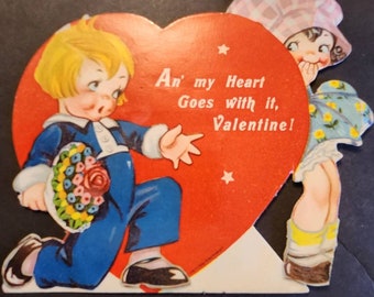 Vintage Red Heart Valentine Greeting Card Little Boy and Girl 6 by 5 inches Used Crafts