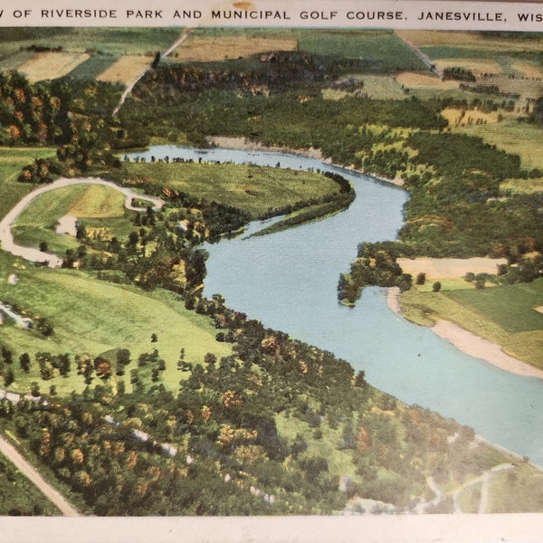 Janesville Wisconsin Riverside Park and Municipal Golf Course Postmark 1929 Linen Postcard