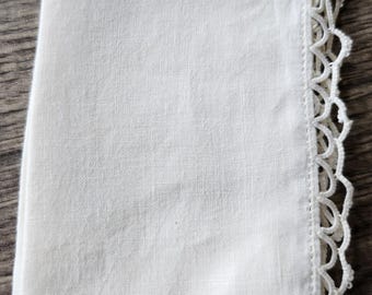 White Hankie Crocheted Lace Edging 12 Inch Handmade Wedding