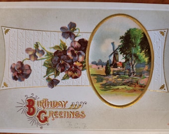 Postcard Birthday Greetings Purple Violets Embossed  Postmark 1900s Used