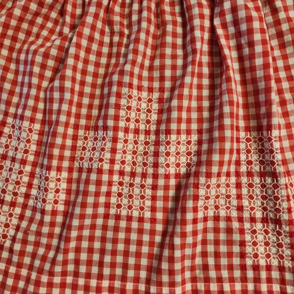 Red Checked Half Apron with Ties Chicken Scratch Stitching Handmade