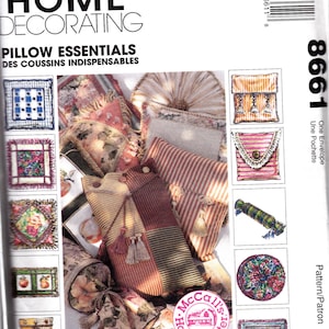 May include: A McCall's Home Decorating pattern for pillow essentials. The pattern includes instructions for making a variety of pillows, including a round pillow, a rectangular pillow, and a cylindrical pillow. The pattern also includes instructions for making a small envelope-style pouch.
