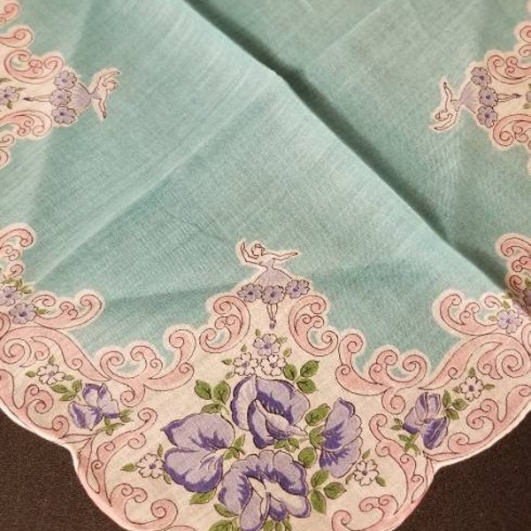 Aqua Blue and Purple Floral Hankie 12 Inches