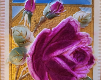 Happy Birthday Purple Rose Flowers Postcard Used Embossed 1920s Printed In Germany