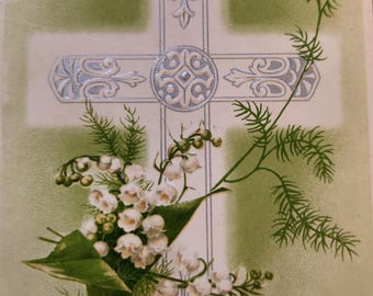 Easter Wishes Lily of the Valley and Cross Linen Postcard Circa 1900's Used