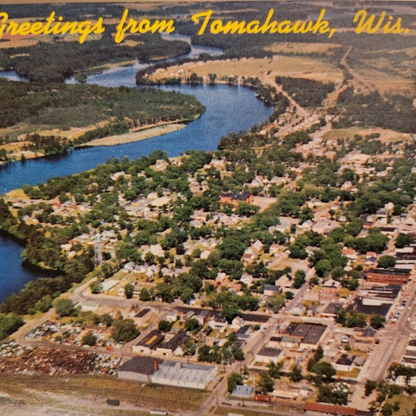 Lake Tomahawk Wisconsin 1970's Real Photo Postcard Aerial View