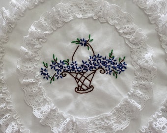 Double Whte Doilies with Lace Edging Embroidered Flower Basket Pattern 12 Inches Handmade