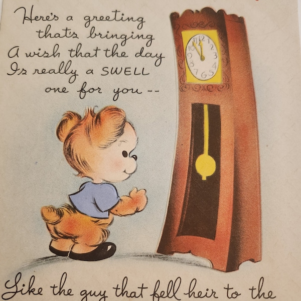 VIntage 1950 Happy Birthday Bear and Grandfather Clock Themed Used