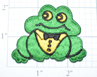 Green Frog in Tuxedo Iron-on Embroidered Decorative Applique Patch Cute Fun Adorable DIY Fashion Vtg Logo Vest Shirt Kids Clothes Animal