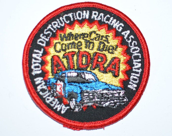 ATDRA VINTAGE Iron-On Embroidered Clothing Patch American Total Destruction Racing Association Where Cars Come to Die Demolition Derby s14
