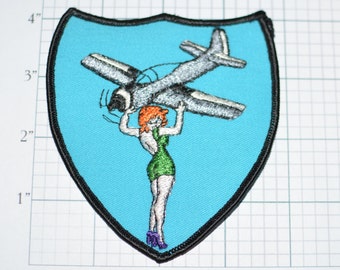 Redhead Woman Green Low-Back Dress Holding Propeller Plane ULTRA RARE Possibly One-of-a-Kind Iron-On Vintage Patch Jacket Patch Airplane e7