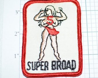 SUPER BROAD Sew-on Vintage Embroidered Clothing Patch 1970s Retro Adult Sexy Naughty Topless Woman Flexing Muscles Funny Novelty Emblem