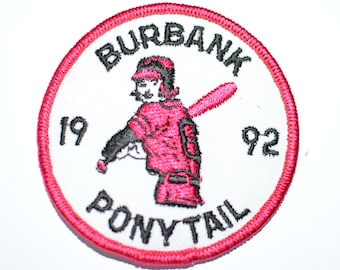 Burbank Ponytail 1992 VINTAGE Iron-On Embroidered Patch Girl Softball League Uniform Shirt Jersey Jacket Logo California Sport Parks Rec s14