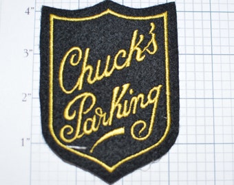 Chuck's Parking Rare Vintage Iron-On Patch Yellow on Black - Charles Garage Name Unique Gift Mancave Automotive Shop Lot Charlie Jacket s9