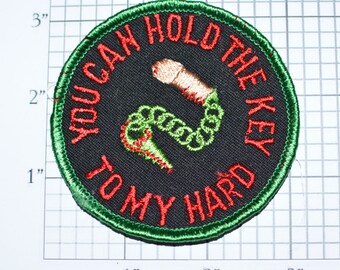 You Can Hold The Key To My Hard (Heart Parody) Sew-On Vintage Embroidered Clothing Patch Funny Naughty Adult Penis Erection Chastity Cage
