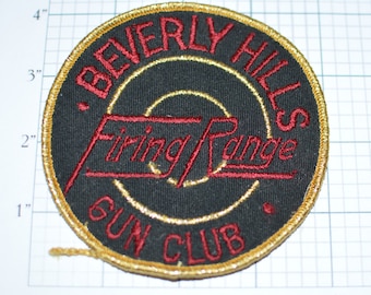 Beverly Hills Gun Club Firing Range Sew-On Vintage Embroidered Clothing Patch Metallic Gold Thread 4" California Firearms Shooting Sport