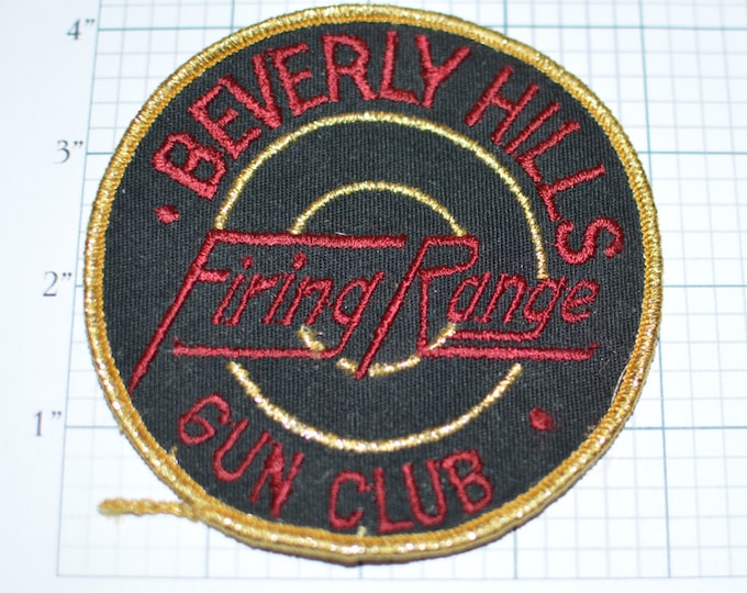 Beverly Hills Gun Club Firing Range Sew-On Vintage Embroidered Clothing Patch Metallic Gold Thread 4" California Firearms Shooting Sport