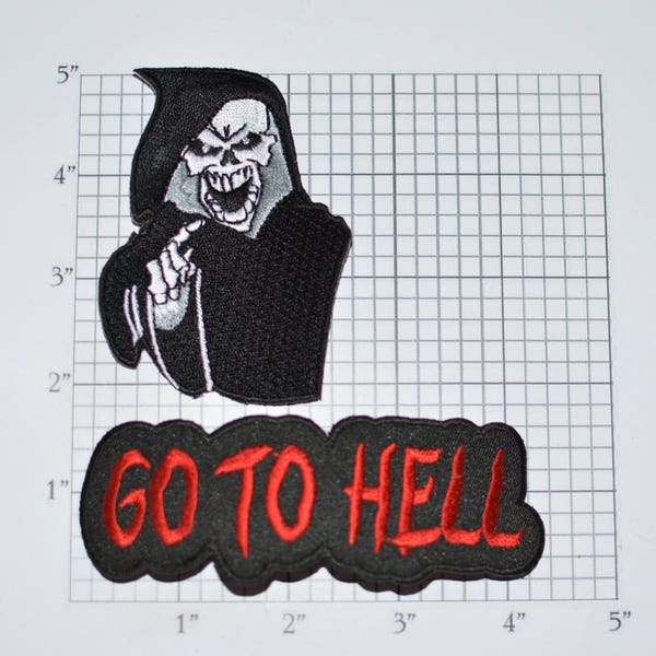 Grim Reaper / Go to Hell 2-Part Iron-On Embroidered Clothing Patch Lot Outlaw Biker 1%er for Jacket Vest Shirt Intimidating Motorcycle