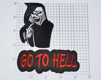 Grim Reaper / Go to Hell 2-Part Iron-On Embroidered Clothing Patch Lot Outlaw Biker 1%er for Jacket Vest Shirt Intimidating Motorcycle