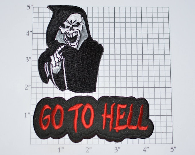 Grim Reaper / Go to Hell 2-Part Iron-On Embroidered Clothing Patch Lot Outlaw Biker 1%er for Jacket Vest Shirt Intimidating Motorcycle