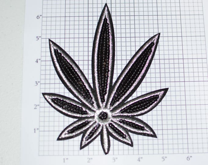 LARGE Marijuana Leaf Black Sequins Embroidered Patch Hippie Boho 1970s Shop Jacket Vest Backpatch Biker Patch