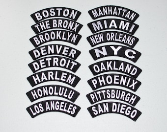 Location Tab Rocker Iron-on Embroidered Patches Travel Trip Souvenir for Motorcycle Biker MC Jacket Vest Shirt Hat Hometown USA Cities Pride
